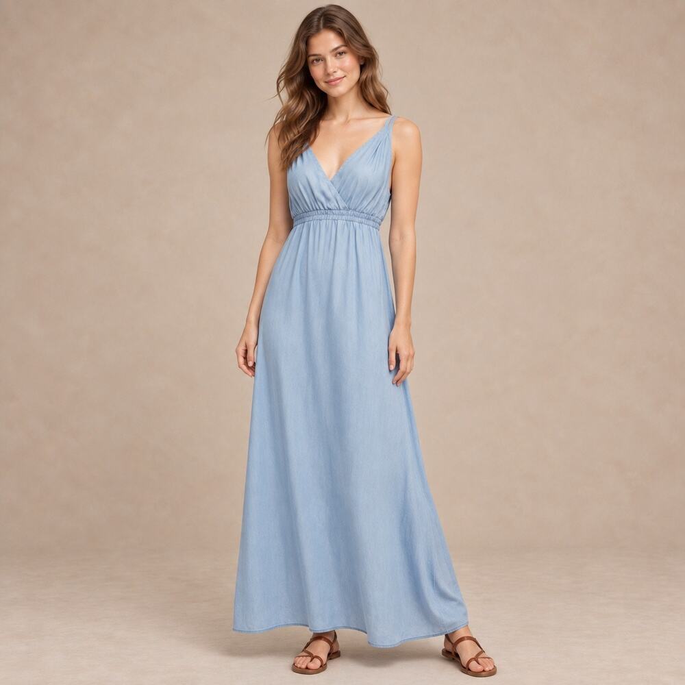 Anthropologie Holding Horses Malpais Blue Chambray Surplice Maxi Dress Size US 2
